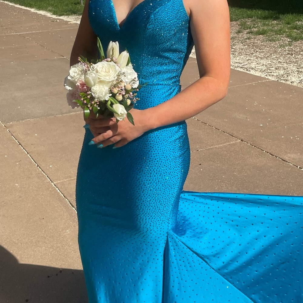Ellie Wilde Sparkling Turquoise Prom Dress